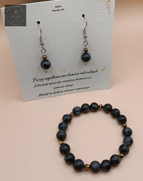Ekskluzywny zestaw biżuterii handmade – kolczyki i bransoletka z labradorytu i złotego hematytu