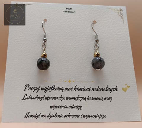 Ekskluzywny zestaw biżuterii handmade – kolczyki i bransoletka z labradorytu i złotego hematytu