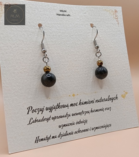 Ekskluzywny zestaw biżuterii handmade – kolczyki i bransoletka z labradorytu i złotego hematytu
