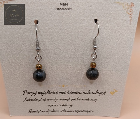 Ekskluzywny zestaw biżuterii handmade – kolczyki i bransoletka z labradorytu i złotego hematytu