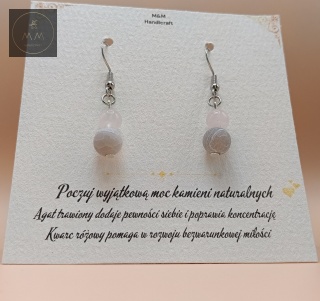 Kolczyki z kamieni naturalnych - kwarc różowy i agat trawiony
