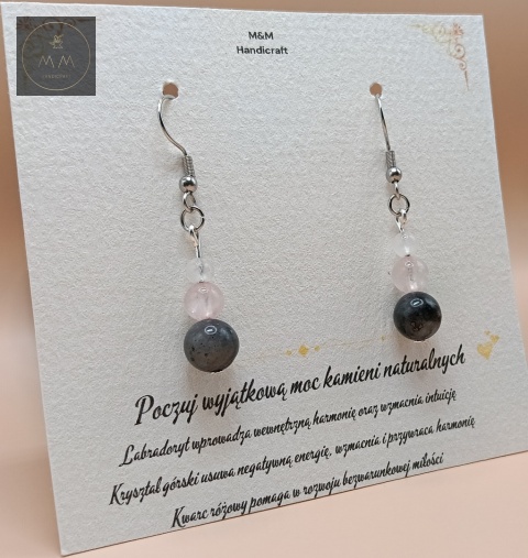 kolczyki-z-kamieni-naturalnych-labradoryt-kryształ-górski-i-kwarc-różowy-bigle-stal-chirurgiczna-handmade-bok-lewy