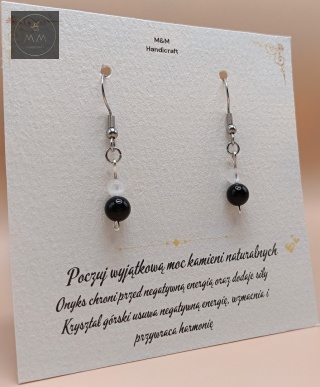 Kolczyki z kamieni naturalnych - kryształ górski i onyks