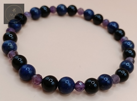 Ręcznie robiona bransoletka z kamieni naturalnych - lapis lazuli, onyks i ametyst