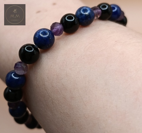 Ręcznie robiona bransoletka z kamieni naturalnych - lapis lazuli, onyks i ametyst