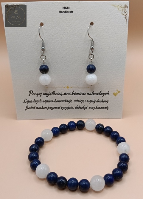 Zestaw biżuterii handmade – bransoletka i kolczyki z lapis lazuli i jadeitu mashan