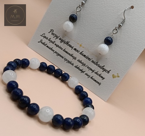 Zestaw biżuterii handmade – bransoletka i kolczyki z lapis lazuli i jadeitu mashan