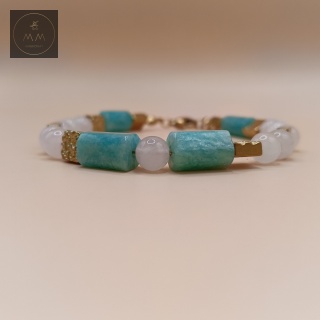Bransoletka z amazonitu, kwarcu różowego i hematytu - biżuteria handmade