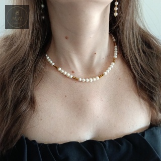 Elegancki naszyjnik z pereł naturalnych i hematytu złotego - biżuteria handmade