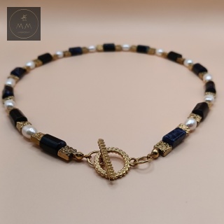 Elegancki naszyjnik z sodalitu, naturalnych pereł i hematytu - biżuteria handmade