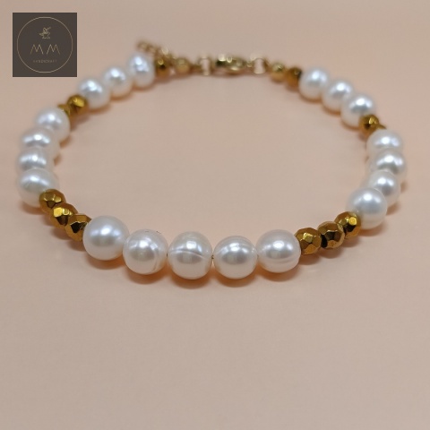 zestaw-biżuterii-bransoletka-z-pereł-naturalnych-i-kamieni-naturalnych-złoty-hematyt-handmade