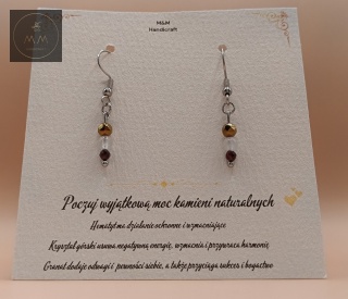 Kolczyki z kamieni naturalnych - hematyt, kryształ górski i granat