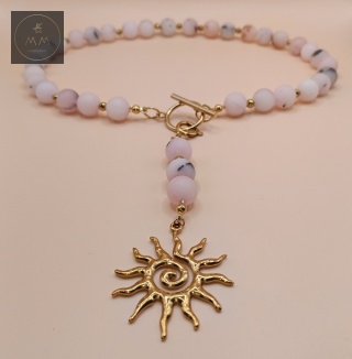 Naszyjnik 2w1 z kwarcu różowego i hematytu ze słońcem - biżuteria handmade