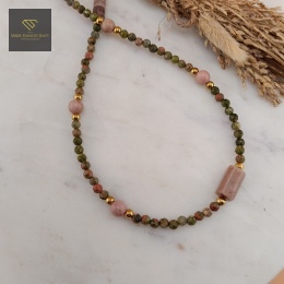 Choker W Objęciach Jesieni Kamienie Naturalne Rodonit, Unakit Biżuteria Handmade