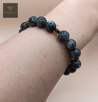 Ekskluzywny zestaw biżuterii handmade - kolczyki i bransoletka z labradorytu i złotego hematytu