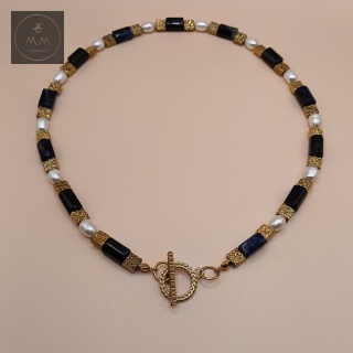 Elegancki naszyjnik z sodalitu, naturalnych pereł i hematytu - biżuteria handmade