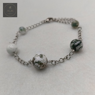 Srebrna bransoletka z agatem mszystym na łańcuszku ze stali chirurgicznej handmade