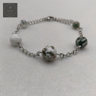 Srebrna bransoletka z agatem mszystym na łańcuszku ze stali chirurgicznej handmade