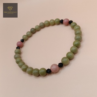 Urocza Ręcznie Robiona Bransoletka z Kamieni Naturalnych - Jaspis Matcha, Rodonit i Czarny Turmalin