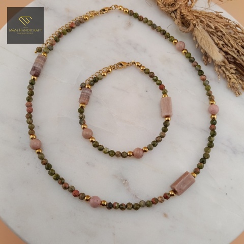 zestaw-biżuterii-z-kamieni-naturalnych-rodonit-kwarc-unakit-handmade