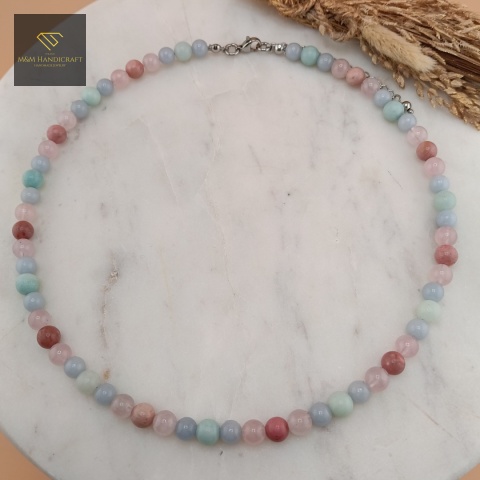 naszyjnik-Sweetie-z-kamieni-naturalnych-kwarc-różowy-angelit-rodonit-amazonit-handmade-zbliżenie