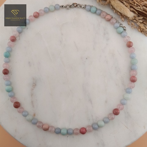 naszyjnik-Sweetie-z-kamieni-naturalnych-kwarc-różowy-angelit-rodonit-amazonit-handmade-rzut-z-góry