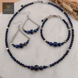 Zestaw Biżuterii Tajemnica Nieboskłonu Lapis Lazuli i Hematyt Naszyjnik, Bransoletka, Kolczyki Handmade